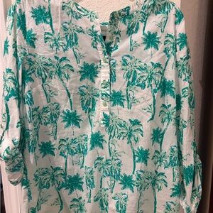 Talbots Teal Palm Print Blouse